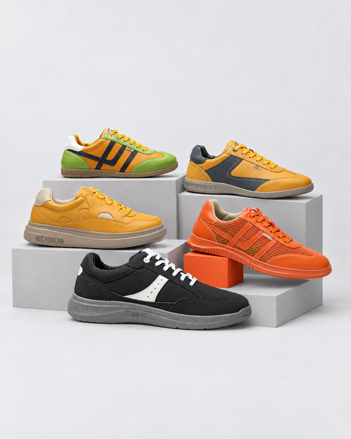HOS Sneakers: Felix, Cloud Step, Arlo, Forma and Toyama on studio plinths