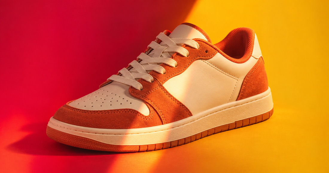 Temporary concept: cream and orange sneaker against a red and yellow background
