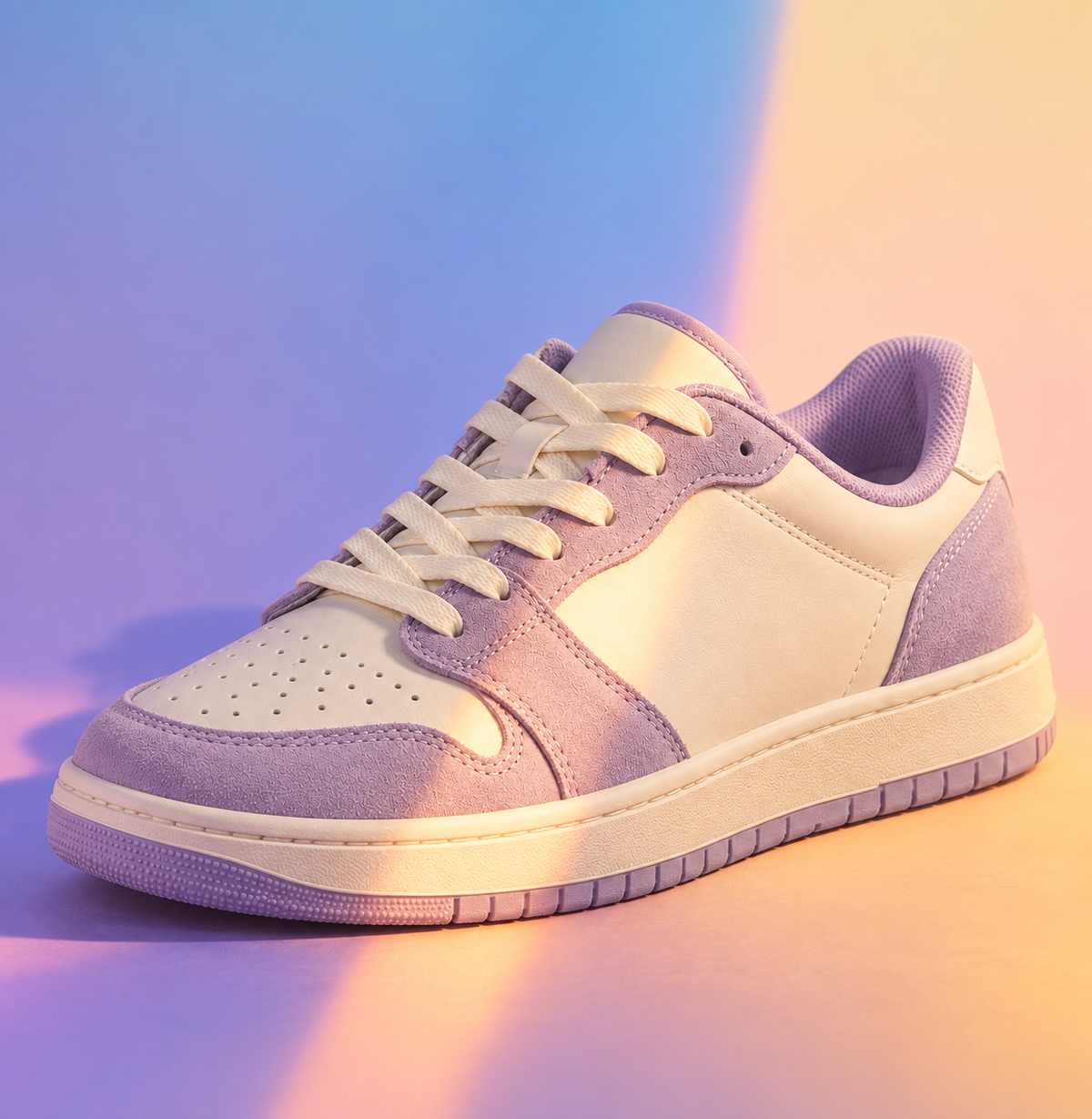 Temporary concept: cream and lilac sneaker against a lilac and peach background
