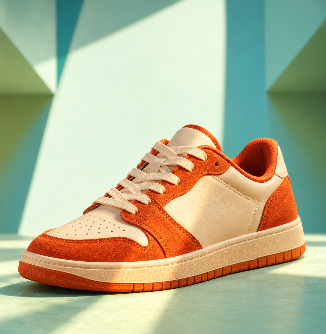 Temporary concept: orange sneaker against an orange and mint background