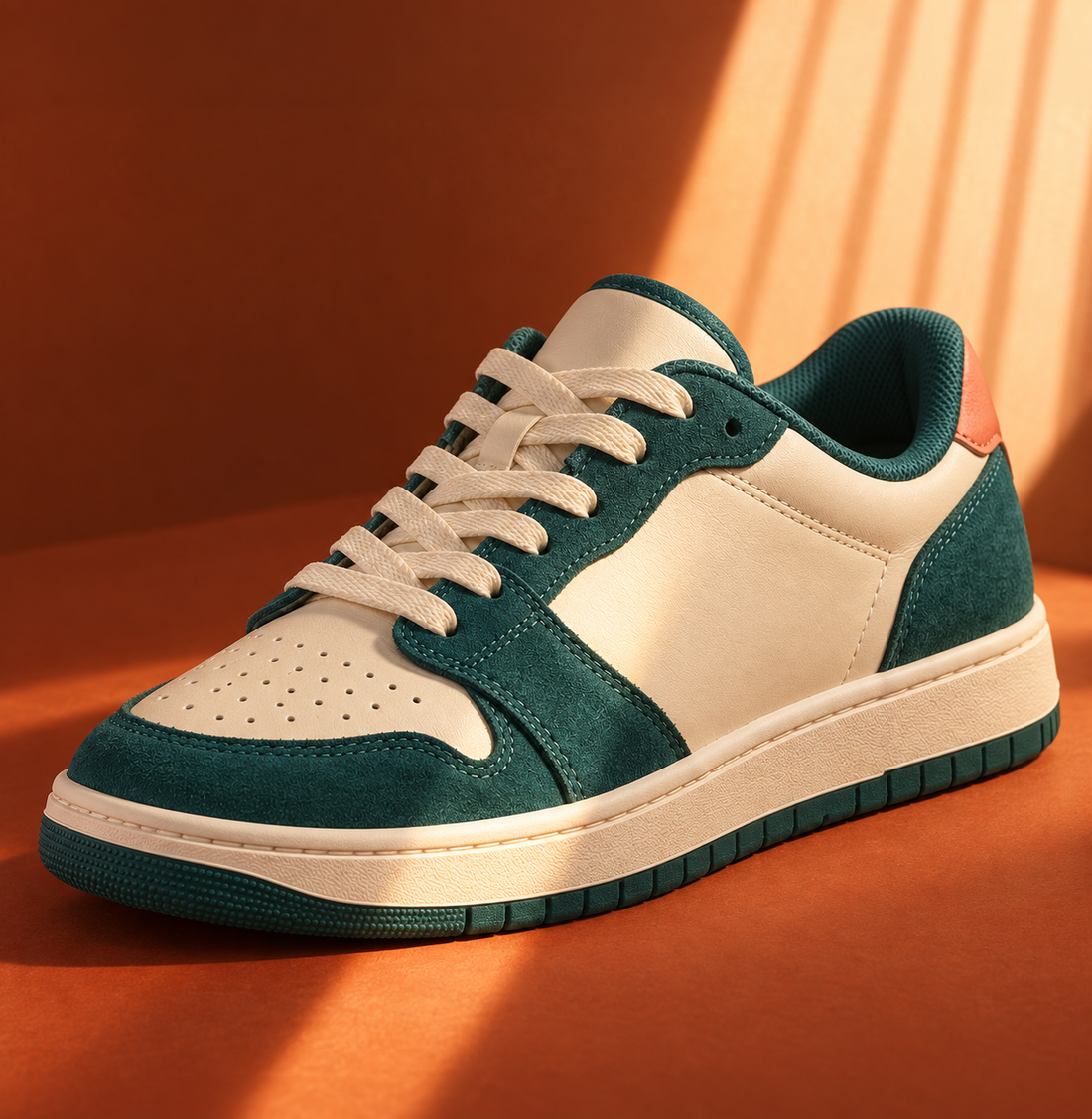 Temporary concept: cream and teal sneaker against a teal and terracotta background