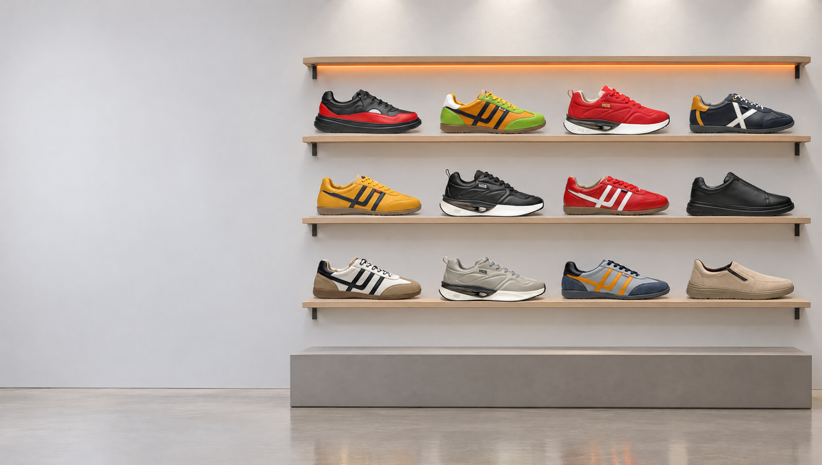 HOS sneakers displayed on a light oak boutique wall rack: Cloud Step, Felix, Air Rush, Nico, Kinetic and Luna