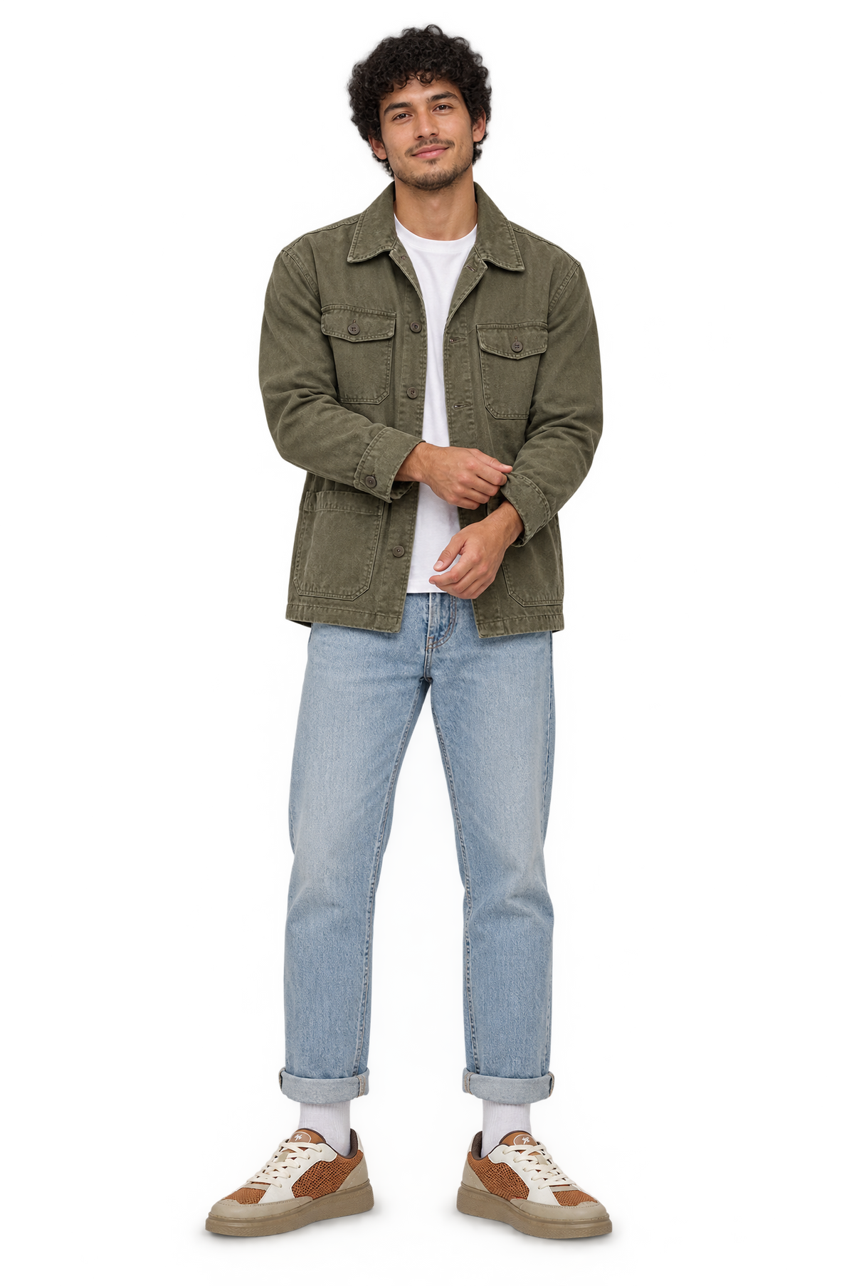 Man in an olive field jacket and light denim wearing HOS ERIC sneakers in Beige / Cyber White / Tan