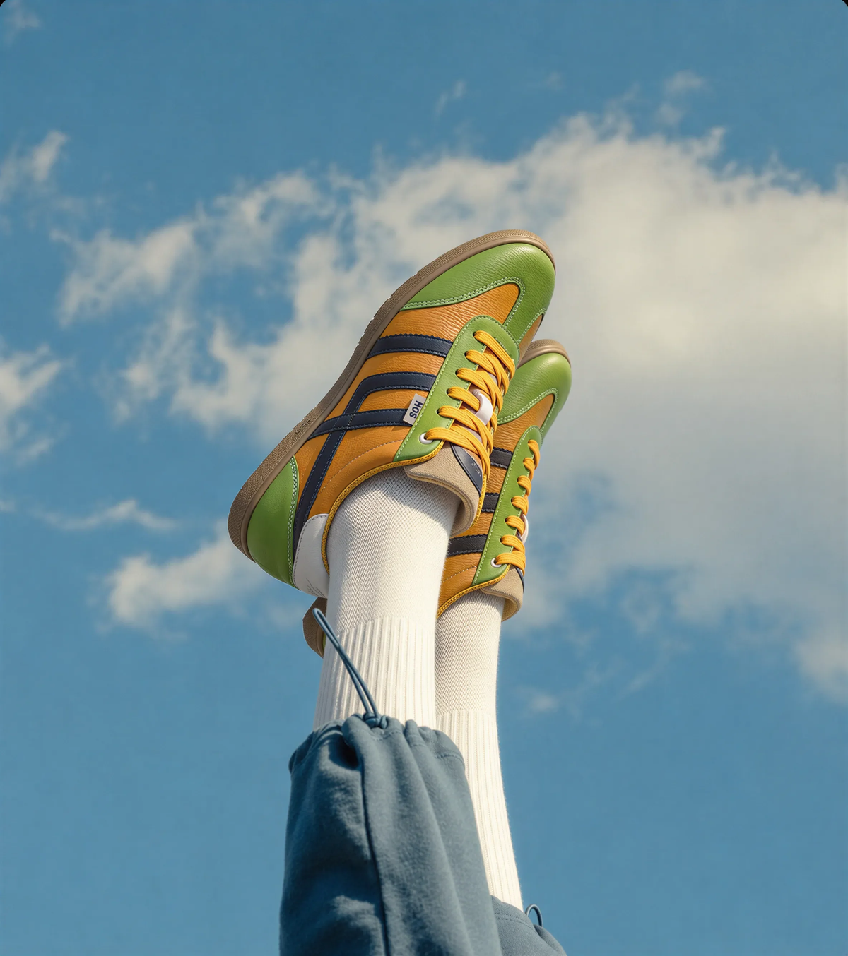 Outfit with HOS FELIX sneakers in Parrot Green, White, Navy, Beige